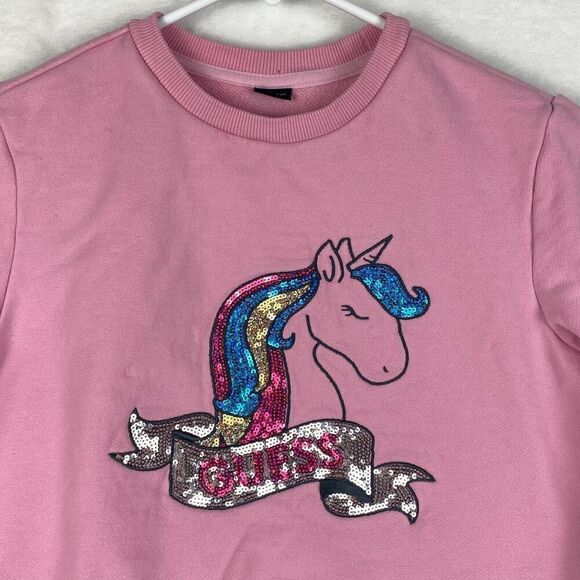 Guess Unicorn Sweater Girls Medium Pink Crewneck Pullover Sequin Casual - Picture 3 of 10